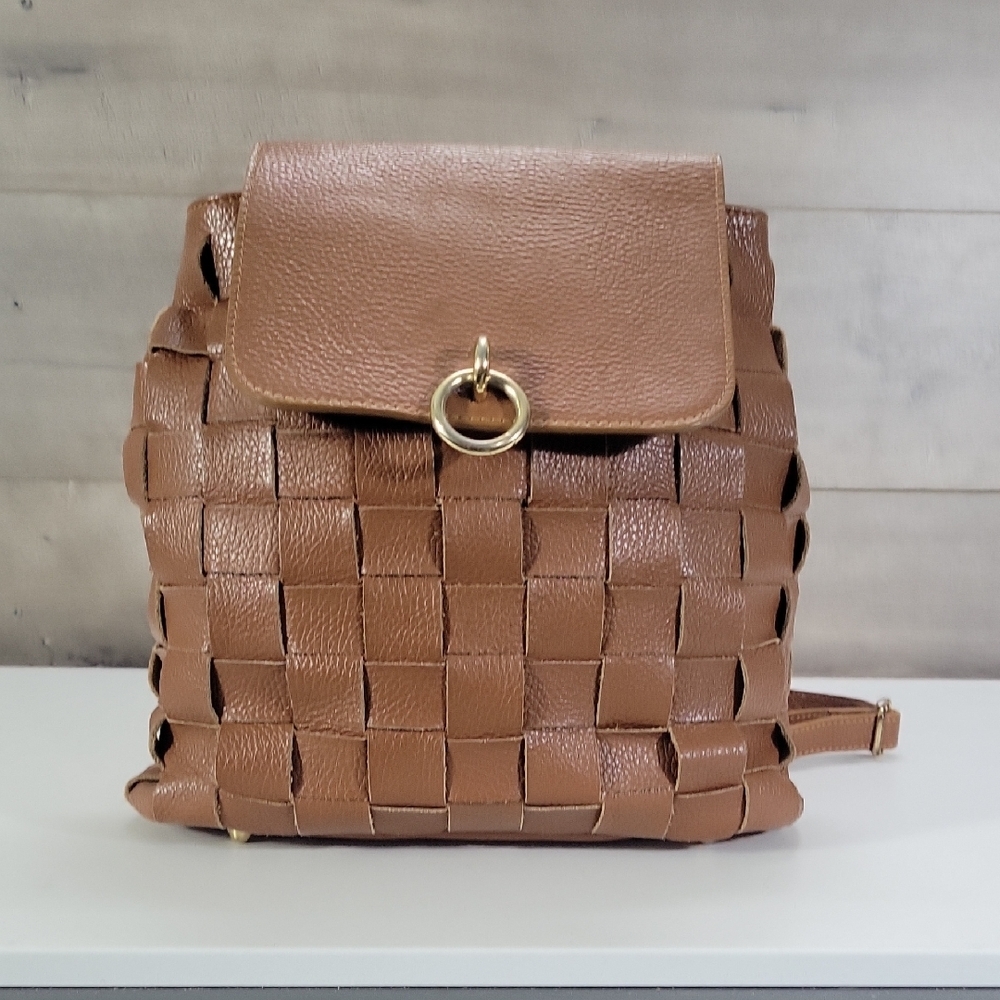 Anna Morellini Brown Woven Pebble Leather Backpack